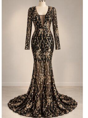Miss Ord Black Gold Sequin Mermaid Gown Train 0XL NWT
